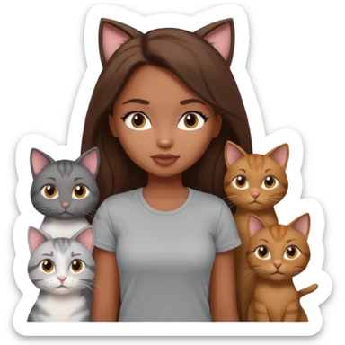 a pretty bratz dusky girl with long brown hair with six cats nd wearing a grey tshirt sticker