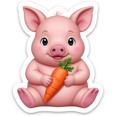 Baby Sitting Piglet – chubby piglet sitting down holding a toy carrot sticker