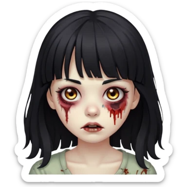 Zombie girl, black hair with bangs, slightly wavy,long hair,long eyelashes, black eyes,iOS style sticker