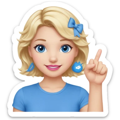 Girl Blonde short wavy hair,  blue eyes, cute blue top, long lashes, pink lips, smiling, fist bump sticker