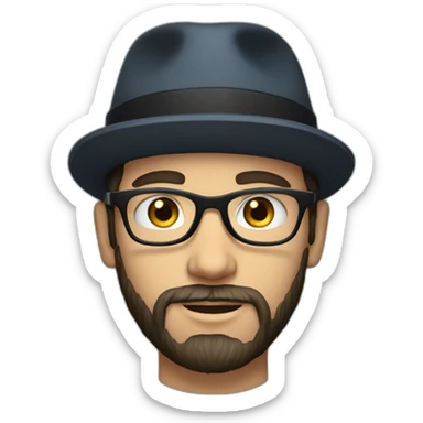 young dark-haired white man with a hat, glasses and beard sticker