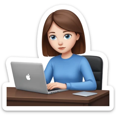 girl with blue eyes and brown hair, white skin, focused on her laptop, modern workspace sticker