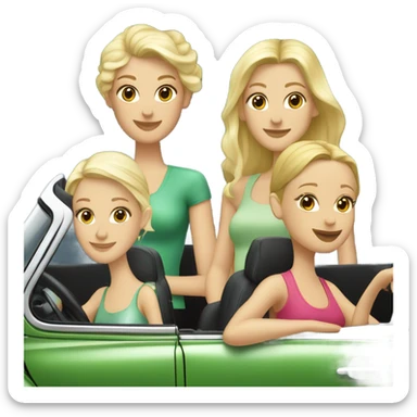 Two Caucasian blonde girls and two Caucasian brunette girls in a green VW beetle convertible sticker