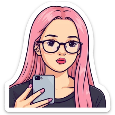 A teenage girl taking a selfie in a school bathroom. She has long, straight blonde and pink-dyed hair, wears rectangular glasses and a black shirt. Her expression is neutral with glossy lips sticker