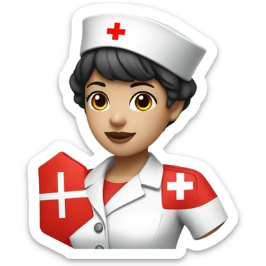 pixie cut black straight hair female nurse  hat with red cross sign in the middle wearing dress
pale skin color sticker