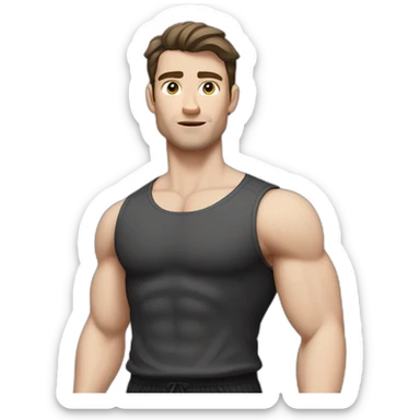 Confused Pale skinned Fit Man With the biceps and dark brown hair in black shirt, gray sports shorts and white Sneakers sticker