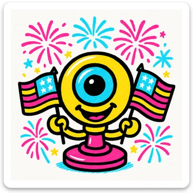 smiling webcam with United States flags and fireworks, festive 4th of July atmosphere, colorful and joyful style sticker