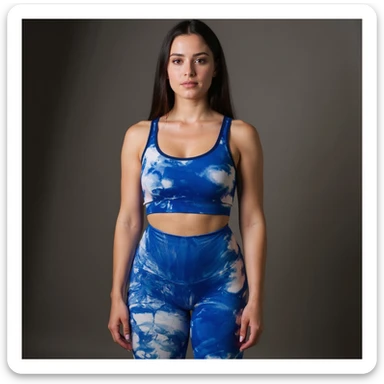 Realistic style image of a woman in sportswear inspired by the reference photo, showing orange peel skin texture (cellulite) on the thighs, natural pose, neutral background. sticker