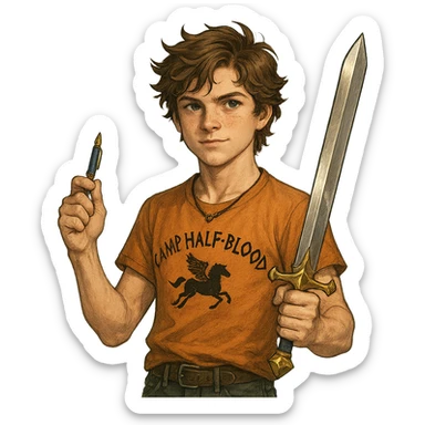 Walker Scobell as Percy Jackson, young teen boy with messy brown hair, wearing a Camp Half-Blood t-shirt, holding a pen that transforms into a sword, confident expression, fantasy adventure vibe sticker