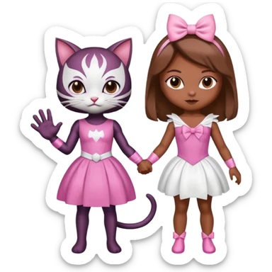 A spider-themed superhero character holding hands with a cute white cat character in a pink dress and a pink bow sticker
