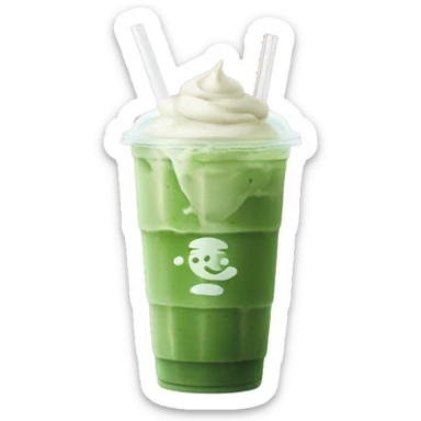 Iced matcha latte. Extra ice. No whipped cream. Lid. Straw. sticker
