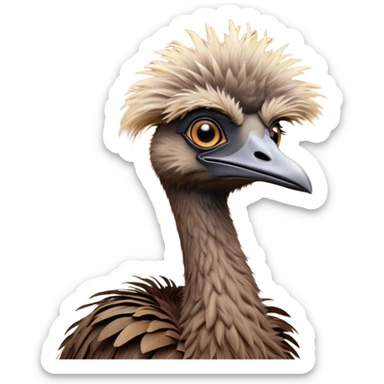Cinematic Noble Emu Portrait Emoji, Poised and regal, with a tall, slender build and a shaggy, well-groomed fur of earthy brown feathers, a long elegant neck and deep-set soulful eyes, Simplified yet sharp and sophisticated features, highly detailed, glowing with a soft, dignified glow, high shine, intelligent and stately, stylized with an air of outback majesty, focused and attentive, soft glowing outline, capturing the essence of a watchful and confident bird, so majestic it feels as though it could stride out of the screen with effortless authority! sticker