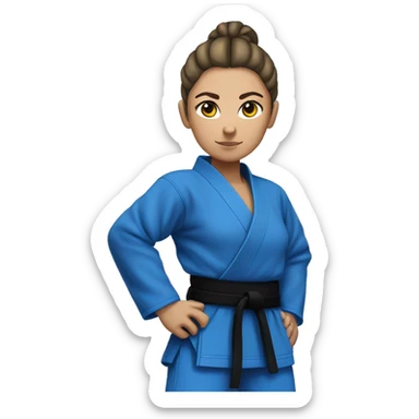 female judo athlete all blue robe with black belt, serious face, hair in a bun. Plus sided, full body sticker