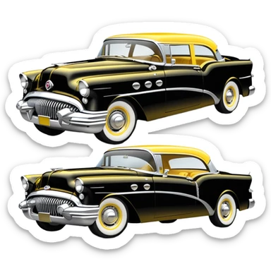vintage hot rod, based on 1956 Buick Century, yellow and black color scheme, shiny details sticker