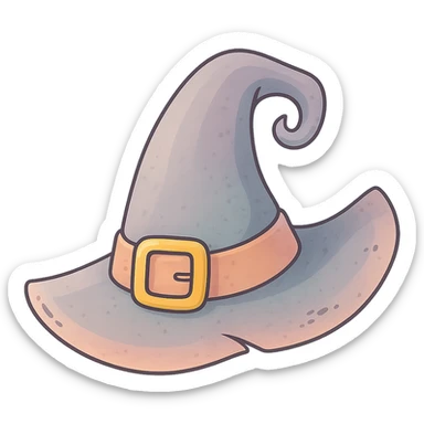 Edit the witch hat to be crooked with a buckle and ribbon, volumetric with detailed shadows and highlights, textured with thin clean contours and soft rounded shapes. Use a pastel palette including #98B5BC, #B5B3C1, #C9A3C9, #E4C0CA, #F7DCD1, #F7C0AA. Style it in modern Japanese pop-art and sticker aesthetics with soft lighting and transparent background. sticker