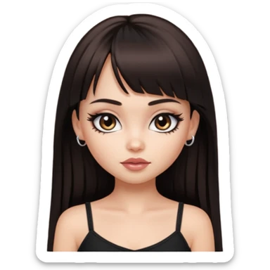 generate a pretty bratz girl in black cami top, dark brown straight long hair with bangs, eyeliner on. dark brown eyes sticker