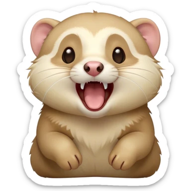 Cinematic Cute Yawning Ferret Portrait Emoji, Head tilted slightly with an exaggerated, wide-open yawn, showcasing a long, flexible body with a plush coat in soft brown and cream, droopy, drowsy eyes, and a relaxed expression, Simplified yet irresistibly endearing features, highly detailed, glowing with a soft, cozy natural glow, high shine, relaxed yet expressive, stylized with a dash of whimsical charm, soft glowing outline, capturing the essence of a sleepy yet affectionate ferret that seems ready to curl up for a nap! sticker