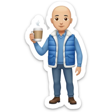 full body bald man wearing long sleeve white shirt with blue puffy winter vest holding a cup of coffee in front of him  sticker
