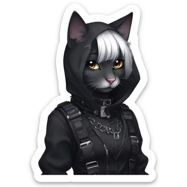 Gorgeous gothic dark techwear anime style anthro cat with blushing face aesthetic and pretty edgy black with collar and harness trending style sticker