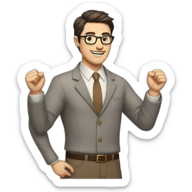 To belt Actively gesturing with hands Okay Pale skinned fit man with dark brown hair in gray jacket, beige office shirt, brown tie, brown pants and vintage glasses. sticker