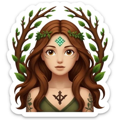 idea moment forest woman long wavy brown hair tattoos glowing rune above head sticker