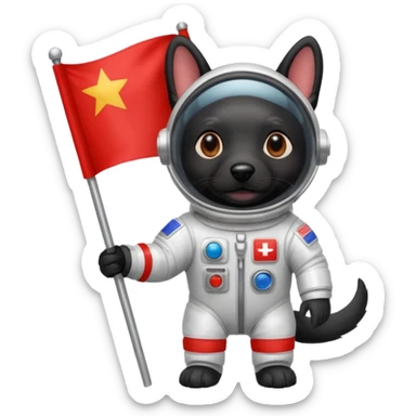 black dog standing in space suit holding red rectangle flag sticker