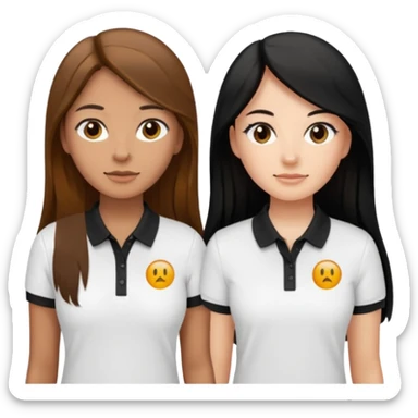 Dos mujeres juntas que una sea de color trigueña cabello largo castaño con una raya en medio polo blanco y de color blanca cabello largo negro polo negro, sticker