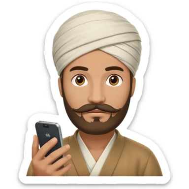 A man wearing imama sharif (traditional turban), with a beard and moustache, using a smartphone. The man looks focused while using the mobile. Realistic emoji-style illustration with soft lighting and warm tone sticker