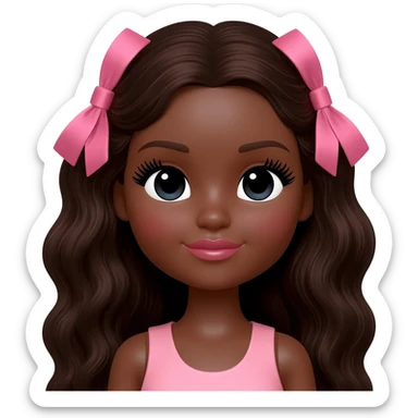 Doll with darkbrown skin with long dark brown wavy hair with pink bows, lashes, cute lips sticker