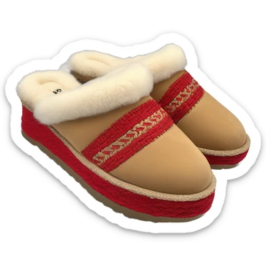 Camel color chunky platform slip-on mule UGG slippers. thin red woven zig-zag trim line detail on the cuff sticker