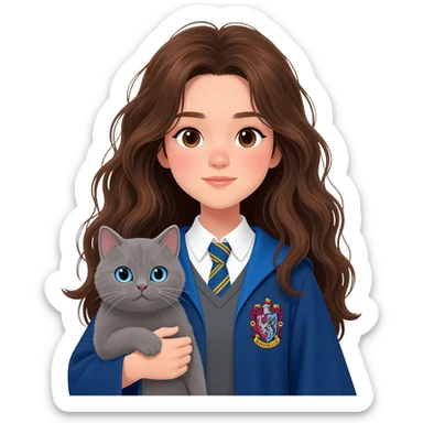 Asian girl with long messy wavy brown hair and brown eyes wearing blue Ravenclaw robe, holding a gray cat with blue eyes in hands sticker