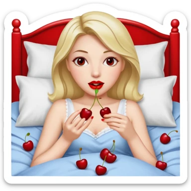 Woman eating cherries in bed sticker