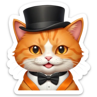 playful orange cat in a top hat and bow tie, winking sticker