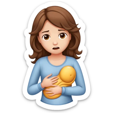 Girl with curled brown long length hair holding stomach in pain sticker