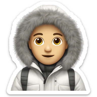 White winter parka with grey fur trimmed hood white boy sticker