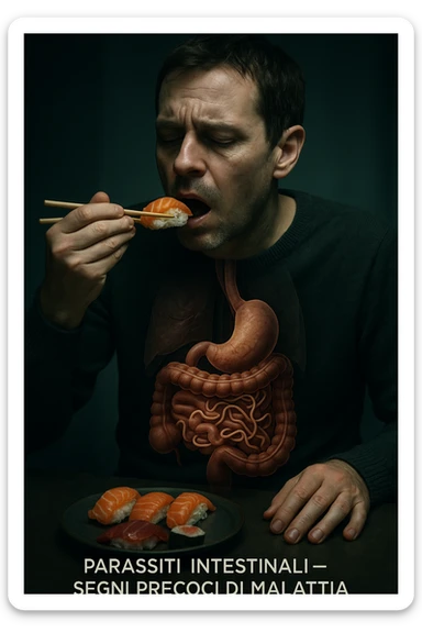 vertical realistic cinematic image of a man eating sushi and raw fish, with intestinal parasites appearing and early signs of health deterioration, clinical dramatic lighting, Italian captions, aspect ratio 2:3 sticker