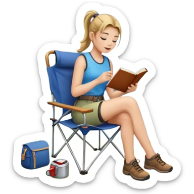 A pony tail hair woman journaling on a camping chair, enjoying the quiet nature scene. sticker