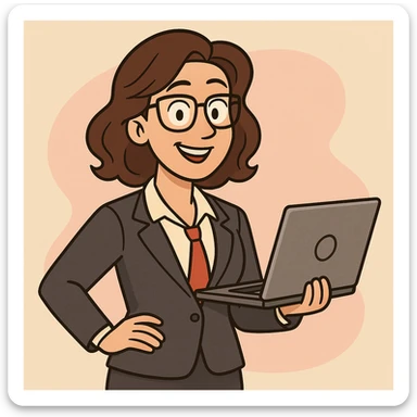 cartoon style female financial expert, friendly, with laptop, business outfit sticker