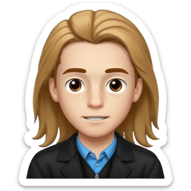 Un chico con pelo largo, que le llegue hasta las cejas, tiene pecas, brackets, ojos cafés oscuros y con una chaqueta negra sticker