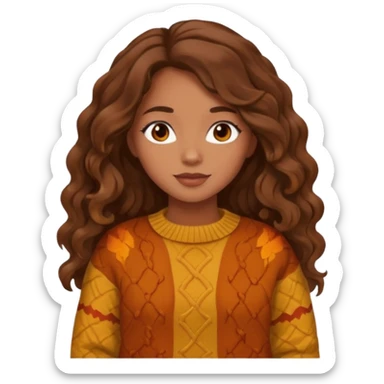 Cozy mixed girl with long wavy brown hair dressed for fall sticker
