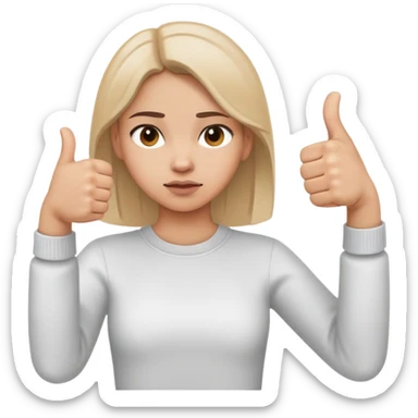 Girl showing conflicting opinions with one hand giving definite thumbs up and other hand giving definite thumbs down, uncertain facial expression sticker