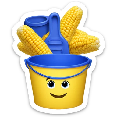 Yellow bucket with royal blue top with the words “corn starch” sticker