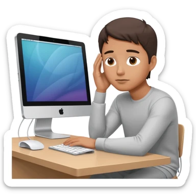 emoji of a man sitting at the table with an imac on it, a man is sitting in a very thoughtful pose, he has his hands on the table and his head resting on themб he look into the screen of imac sticker
