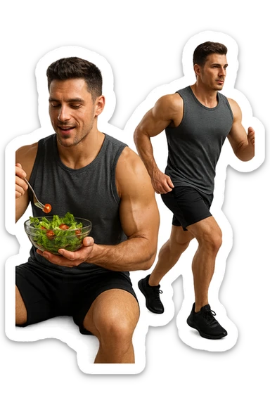 uomo fitness che mangia insalata accanto a uomo identico esteticamente che corre, iperrealistici 4k sticker