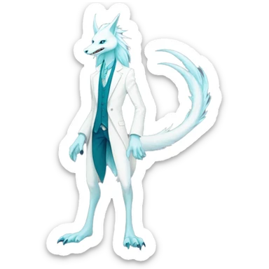 White elegant beautiful natural cute badass epic anthro modern albino sergal-vernid-Fakémon with cyan mane, with cyan edgy stripes, anthropomorphic, two-legged, digitigrade, full body sticker