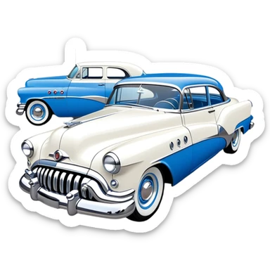 classic hot rod car, 1950s Buick Century influence, bright blue and white colors, chrome accents sticker