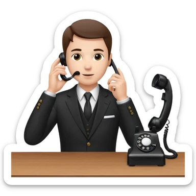 person standing at a desk, holding a telephone receiver to their ear, suggesting a phone call. sticker