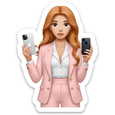 pale skin Kim Kardashian with ginger wavy long Hair, light pink  Spacious classical jacket, light pink palazzo Arrow pants and white blouse holding white IPhone 15 pro in the hands sticker