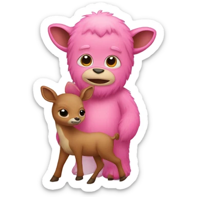 Pink Bigfoot holding a baby deer  sticker