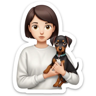 A short-haired girl in a white sweatshirt holding a Doberman sticker